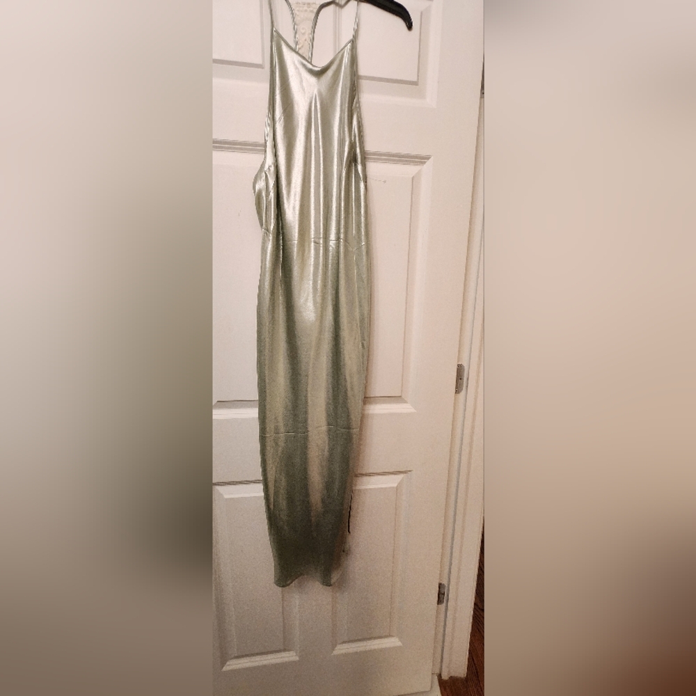 Free People Geen Lace Back Sunset Shimmer Metallic Satin Midi Slip Dress - Picture 3 of 8